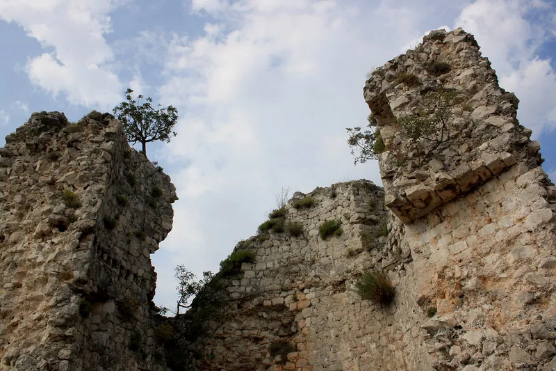 The stone ruins of Večka kula above the shore at Starigrad