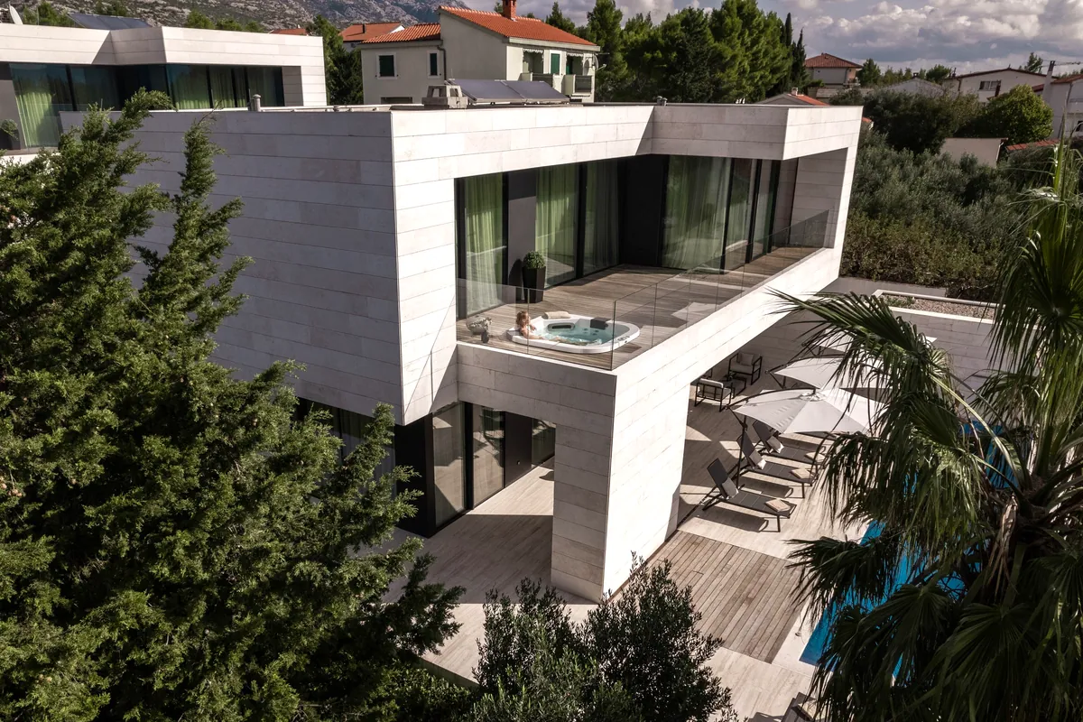 Villa Calma I from the air, with the jacuzzi on its upper terrace and the pool below
