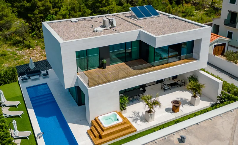 Villa Calma II from the air, with its pool, garden and jacuzzi deck